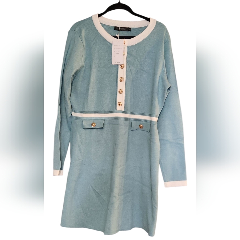 Blue Long Sleeve Knit Dress with Gold Buttons, XL